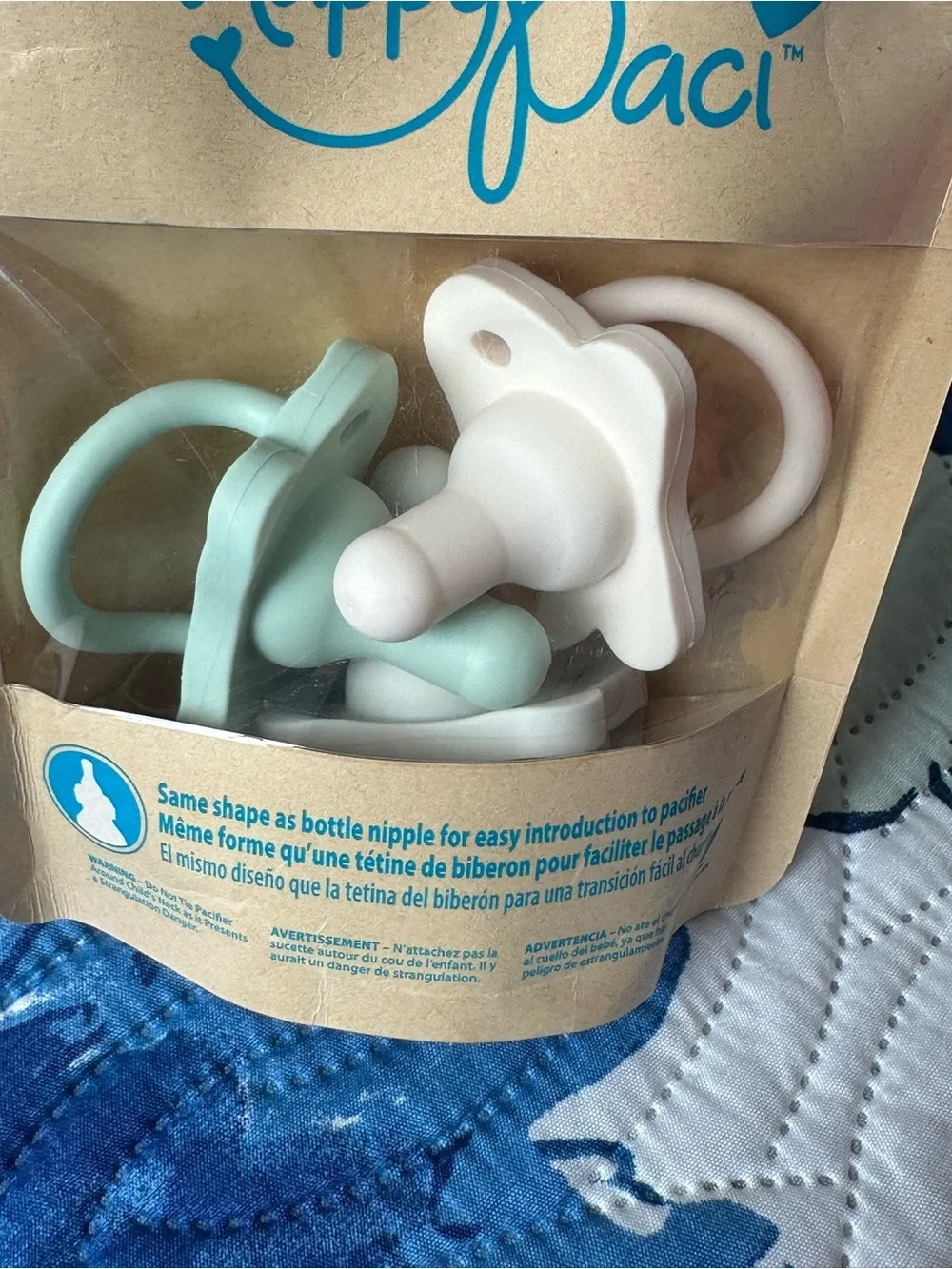 HappyPaci Silicone Pacifiers (0-6m) with Green & Blue Rattle Toy